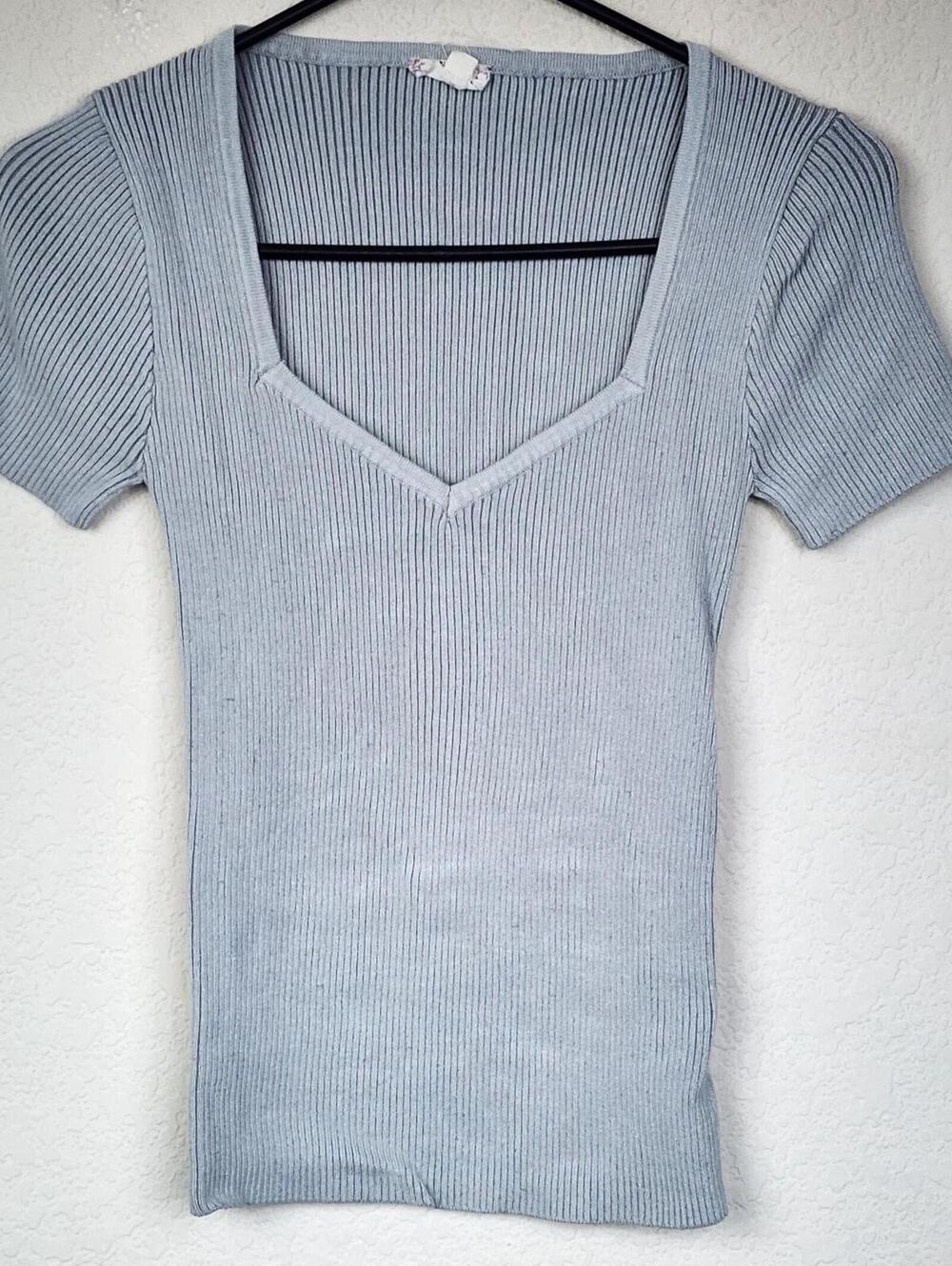 Grey Ribbed Knit Short Sleeve Top Size S